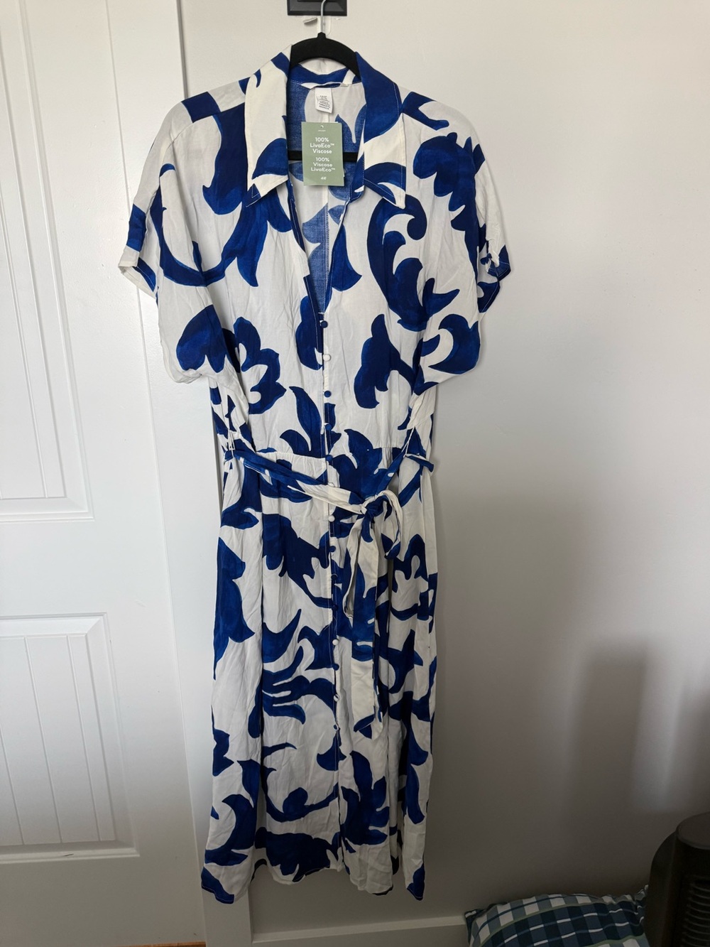 H&M White Midi Shirt Dress with Bold Blue Floral Print